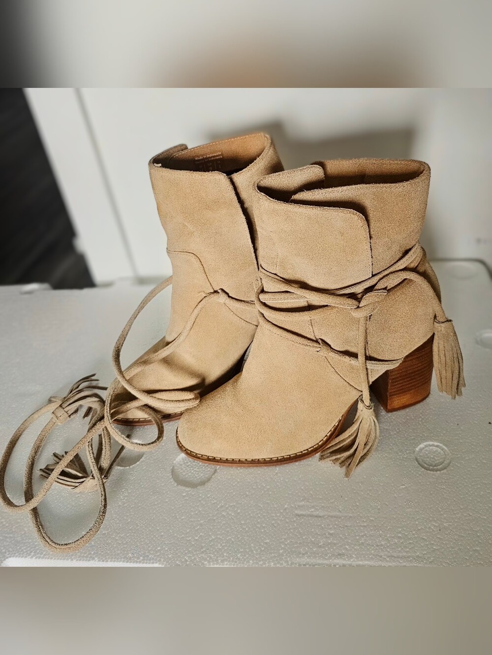 ALDO Taupe Suede Wrap Tassel Block Heel Ankle Boots 8.5